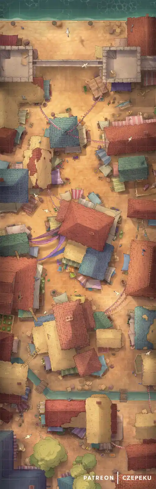 An overhead view of a colorful, hand-drawn fantasy village map with various buildings, market stalls, and decorative…