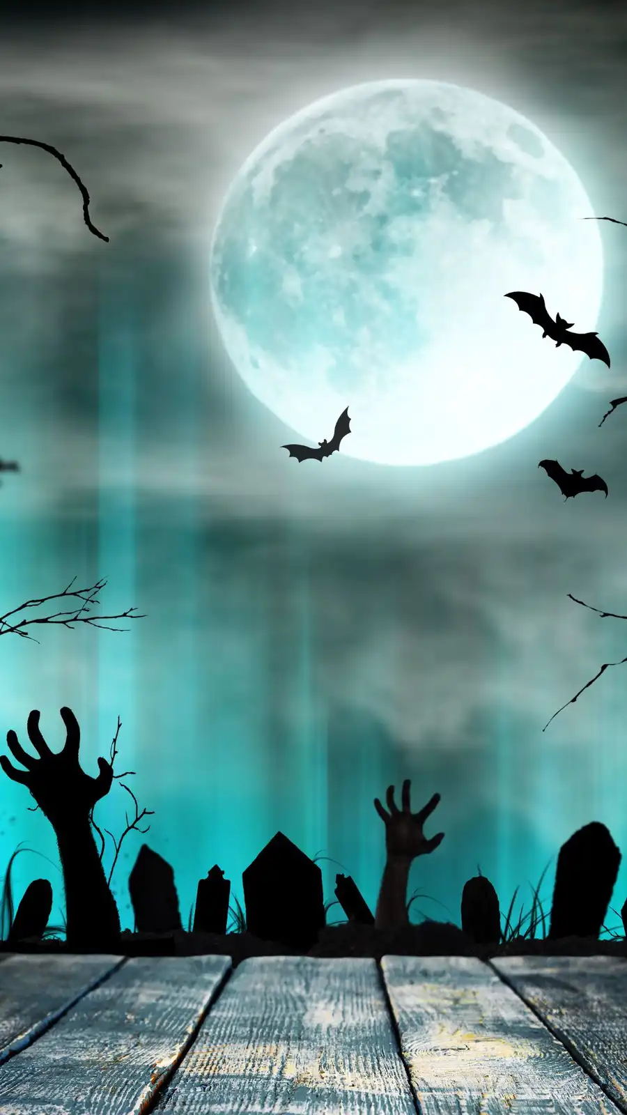 A spooky graveyard scene under a large, glowing full moon, with silhouettes of bats flying and zombie hands emerging from…