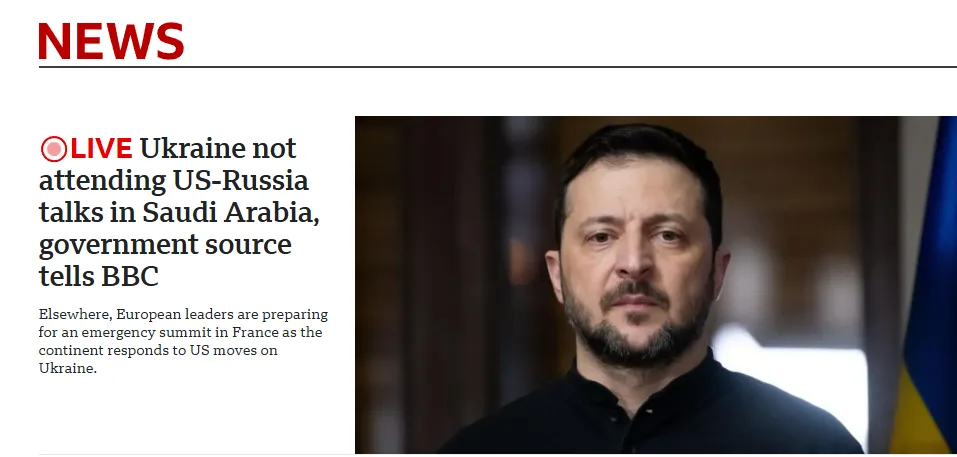 A news article screenshot shows a headline about Ukraine not attending US-Russia talks in Saudi Arabia, with a photo of…