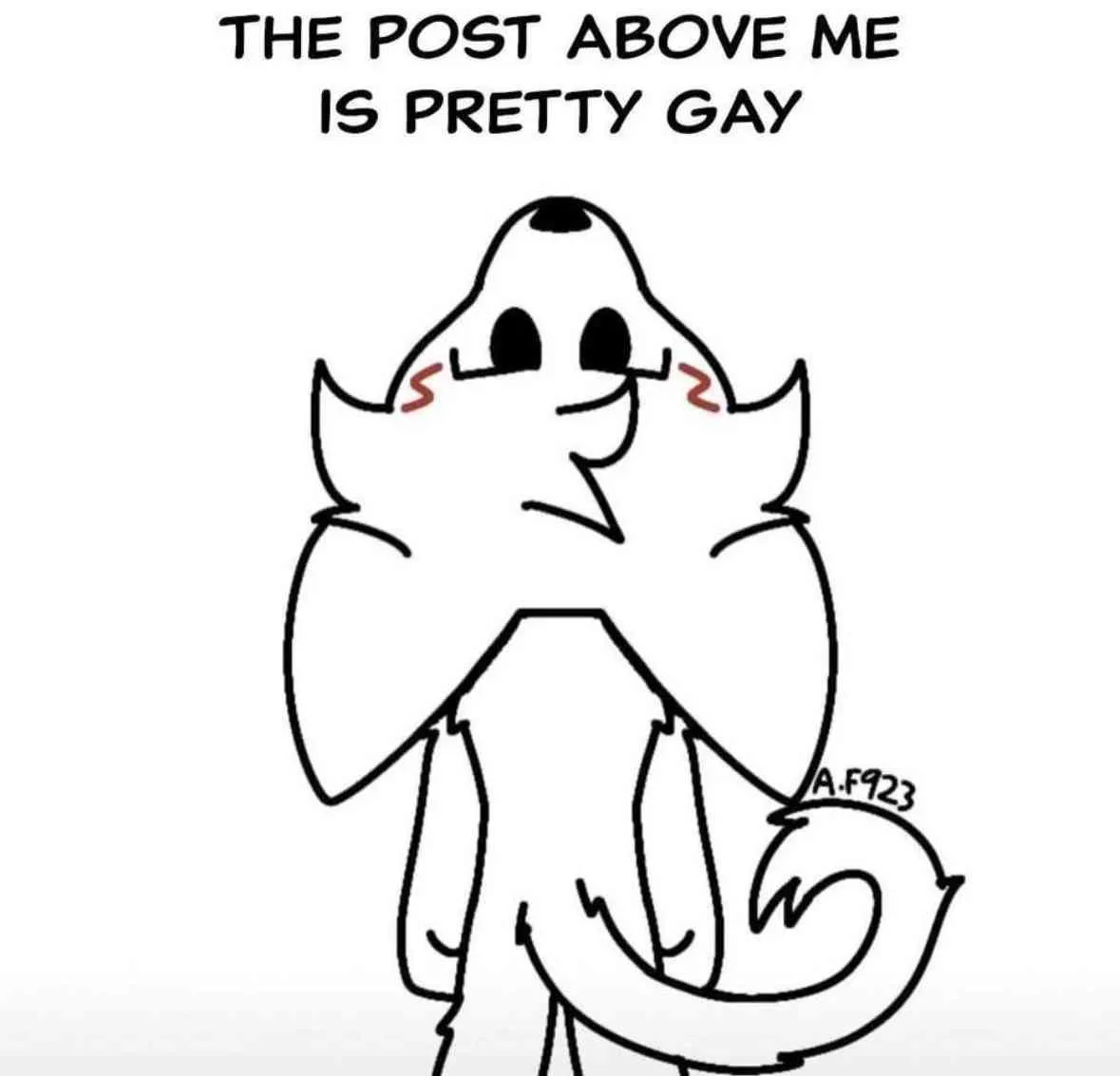 A simple black-and-white line drawing of a cartoonish, cat-like creature with large eyes, a small smile, and red blush marks…