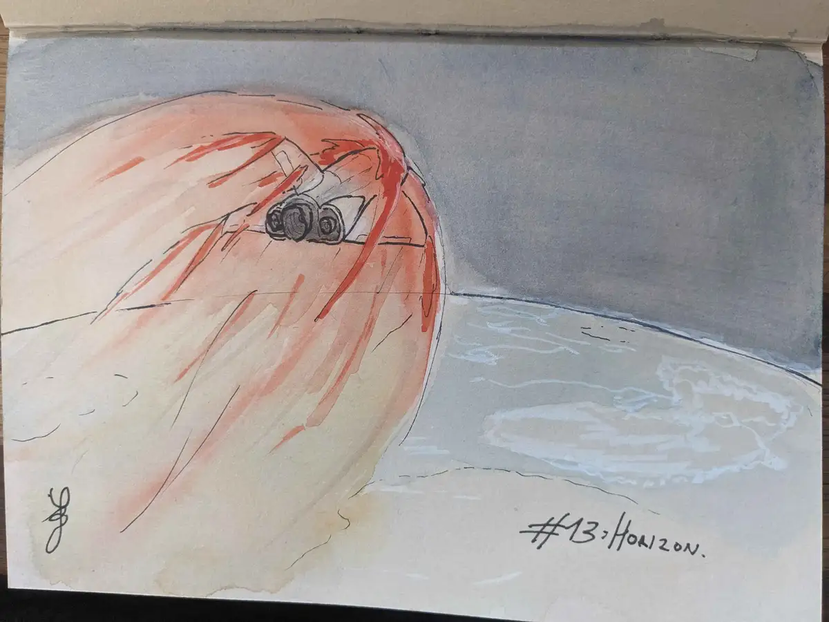 A watercolor sketch depicts a person lying on their stomach atop a large, curved, reddish-orange wave, holding binoculars…