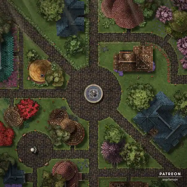 An overhead fantasy map depicts a village with cobblestone streets, various buildings with thatched and tiled roofs, trees…