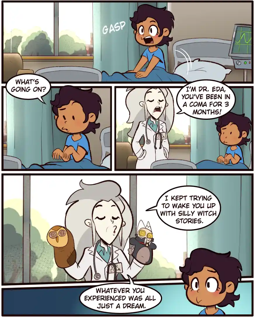 A comic strip shows a young person waking up in a hospital bed, gasping, and asking what's going on. A doctor named Dr. Eda…