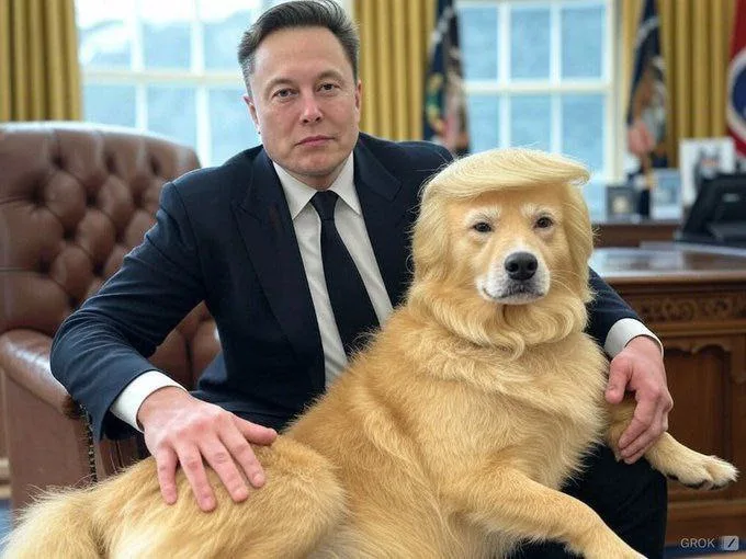 a man in a dark suit sits in an office chair next to a golden retriever wearing a blonde wig resembling donald trump's…