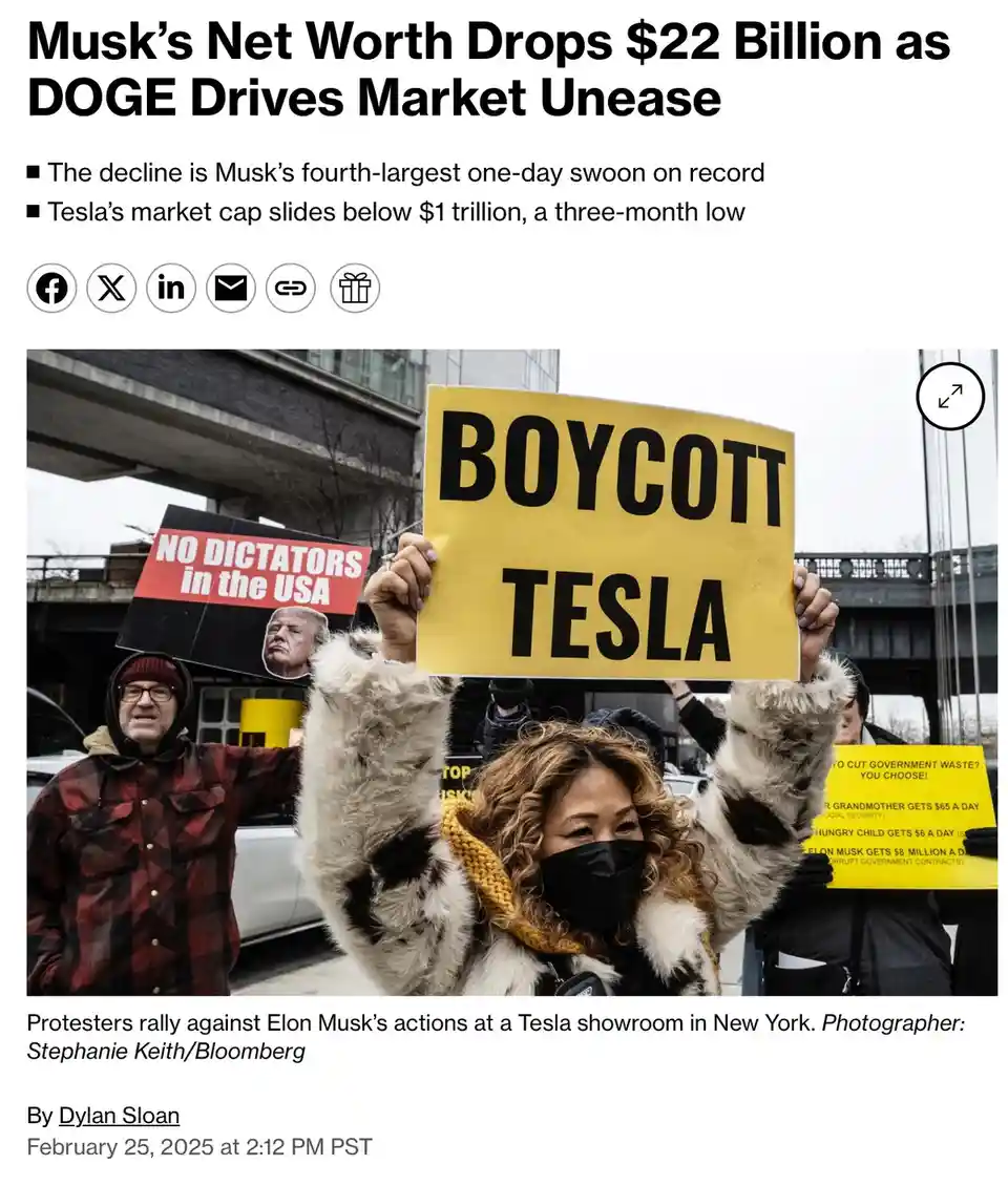 A news article screenshot shows protesters holding signs, including one that reads 'BOYCOTT TESLA' in bold black letters on…