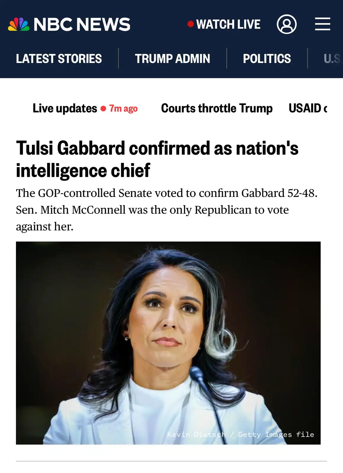 An NBC News screenshot shows a headline about Tulsi Gabbard being confirmed as the nation's intelligence chief, with a photo…