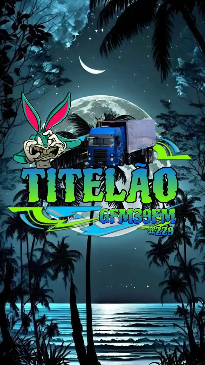 A nighttime tropical beach scene with palm trees, a crescent moon, and a full moon over the ocean. A blue semi-truck is…