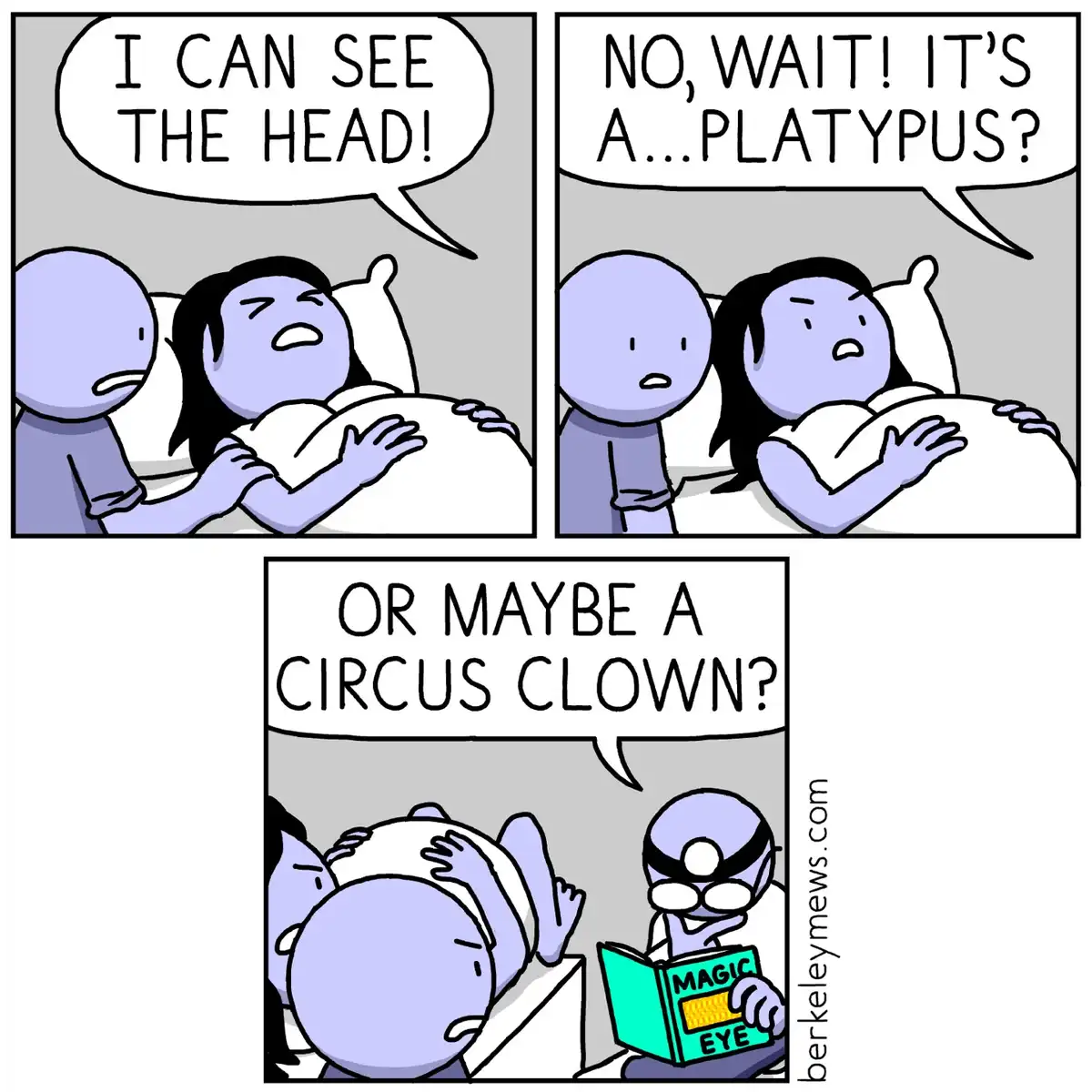 A three-panel comic shows two people in bed, one excitedly exclaiming they can see a head under the covers, then shocked to…