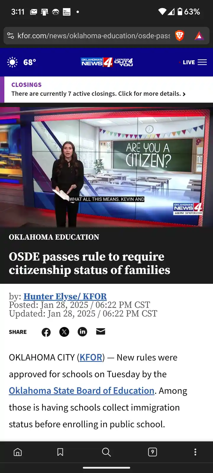 A screenshot of a KFOR news article about Oklahoma's new education rule requiring citizenship status for school enrollment…