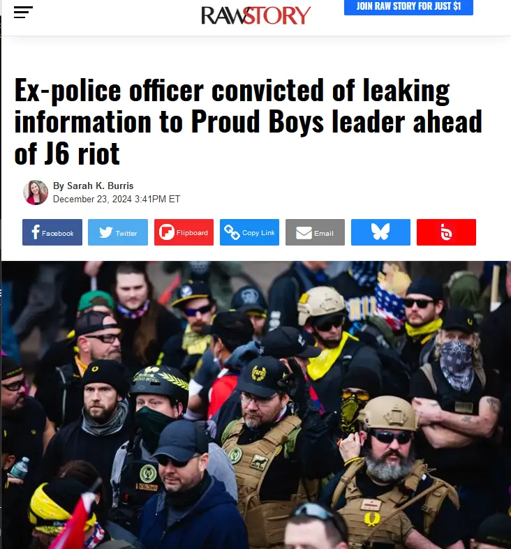 A screenshot of a Raw Story news article with a headline about an ex-police officer convicted of leaking information to a…