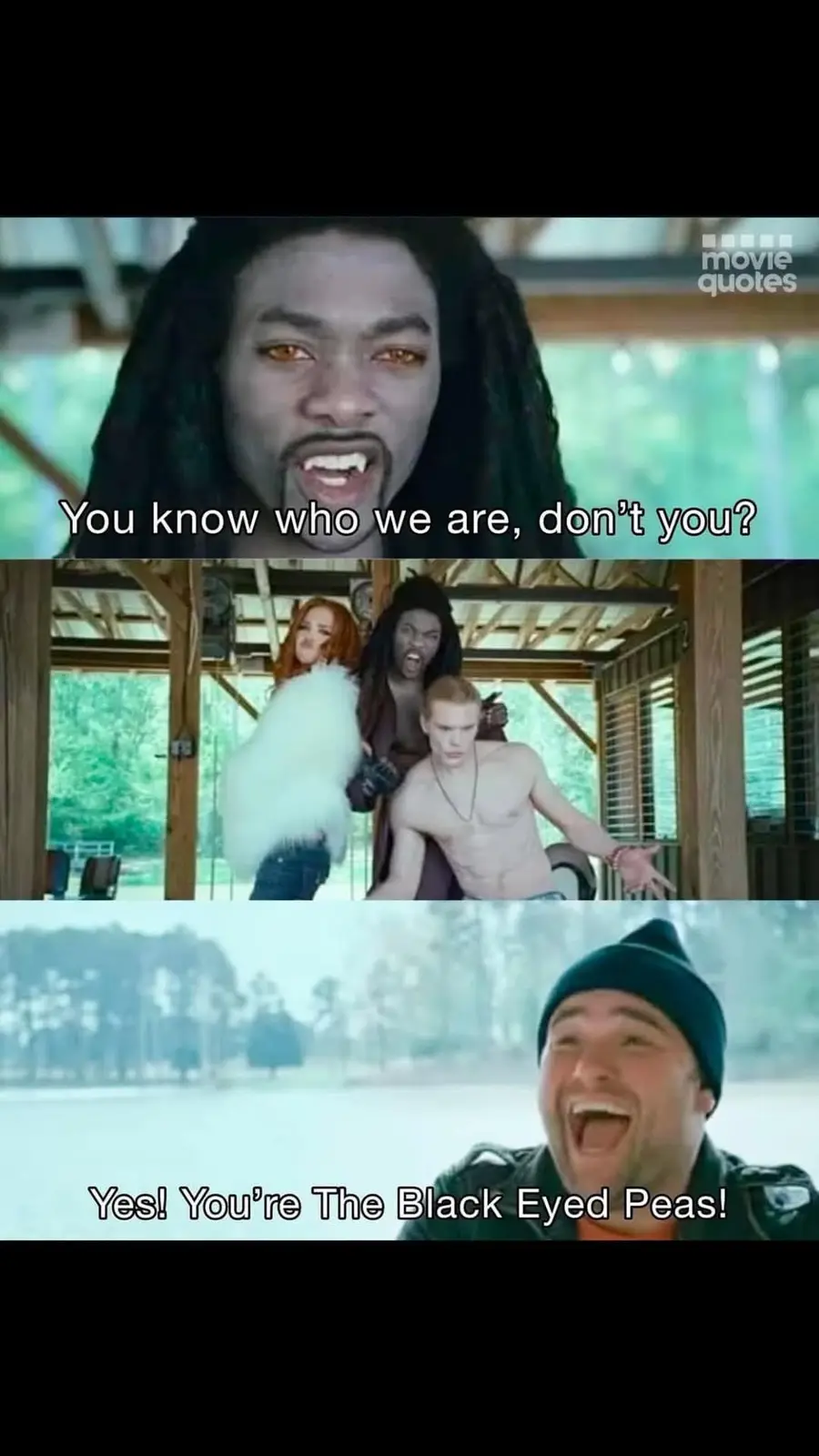 The meme features three panels: the top shows a vampire with glowing eyes asking 'You know who we are, don't you?'; the…