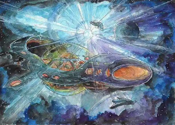 A watercolor painting depicts a large, intricate spaceship with glowing orange windows and a detailed interior visible…