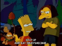 A six-panel Simpsons meme showing Bart Simpson and a woman in a forest setting. In the first three panels, Bart holds a…