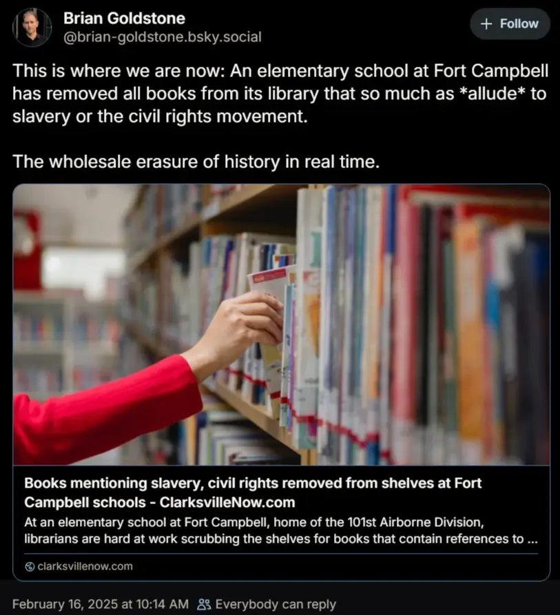 A person's hand in a red sleeve reaches for a book on a library shelf filled with other books. Overlaid text states that an…