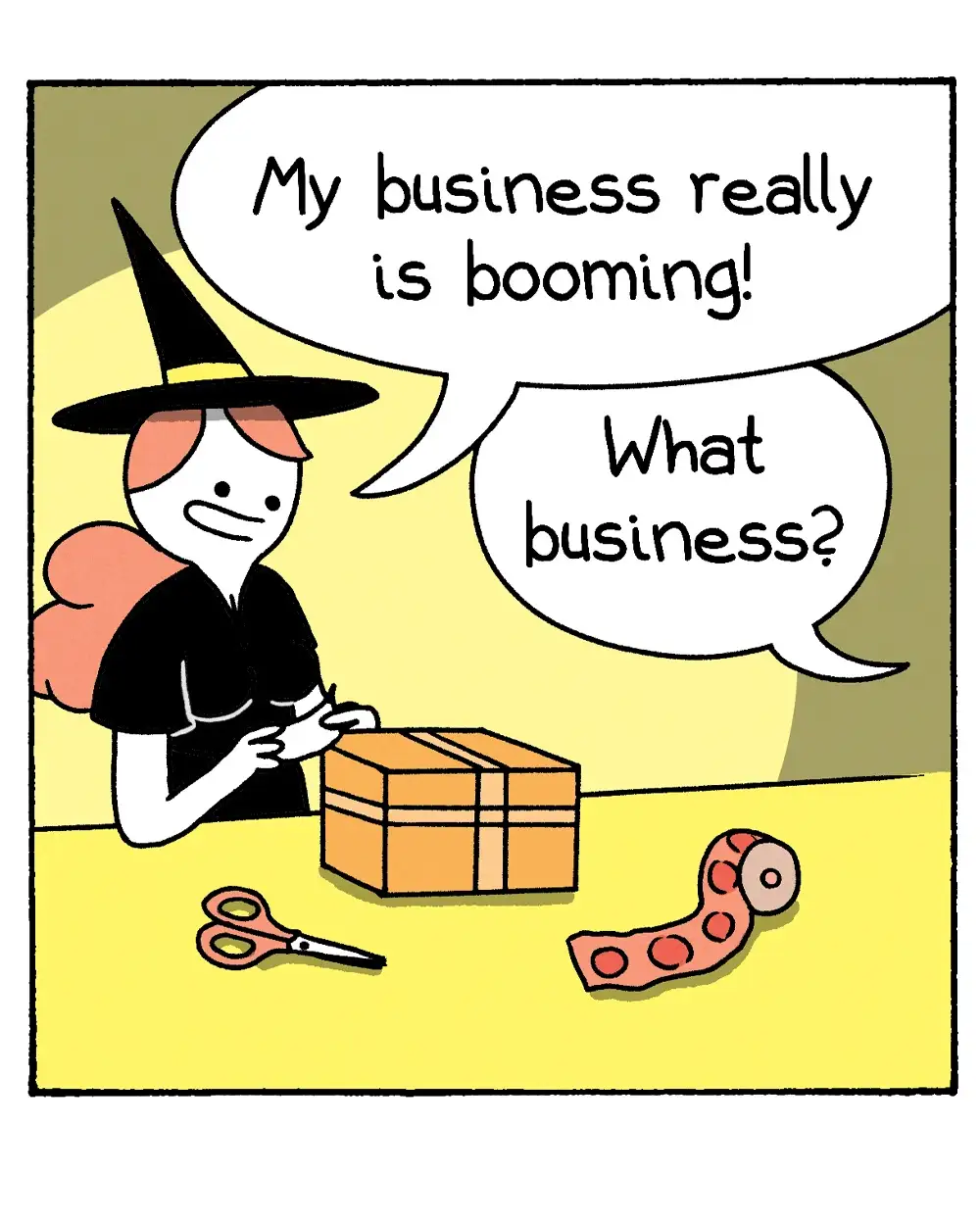 A cartoon witch with a black hat and pink hair sits at a yellow table wrapping a gift box with brown tape. A pair of…