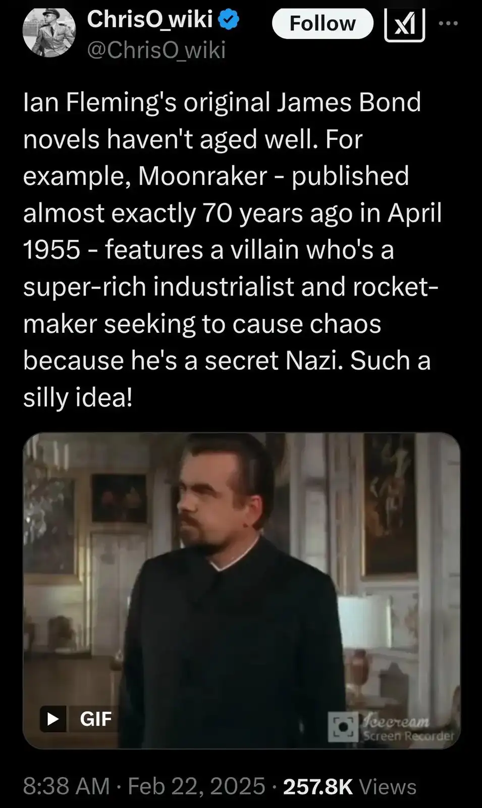 A screenshot of a tweet by ChrisO_wiki discussing how Ian Fleming's original James Bond novels, like 'Moonraker', contain…