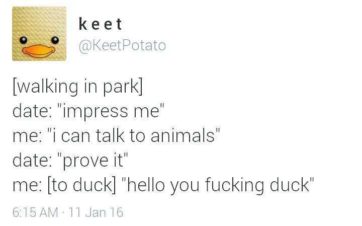 A screenshot of a tweet from user @KeetPotato featuring a duck emoji profile picture. The tweet text describes a humorous…