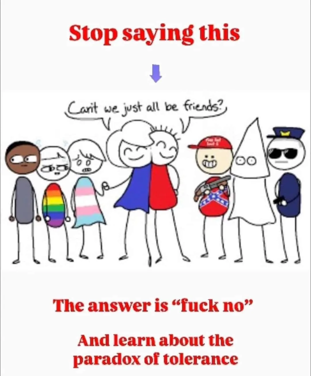 A cartoon image shows a group of diverse stick figures, including those with rainbow and pink triangle flags, standing next…