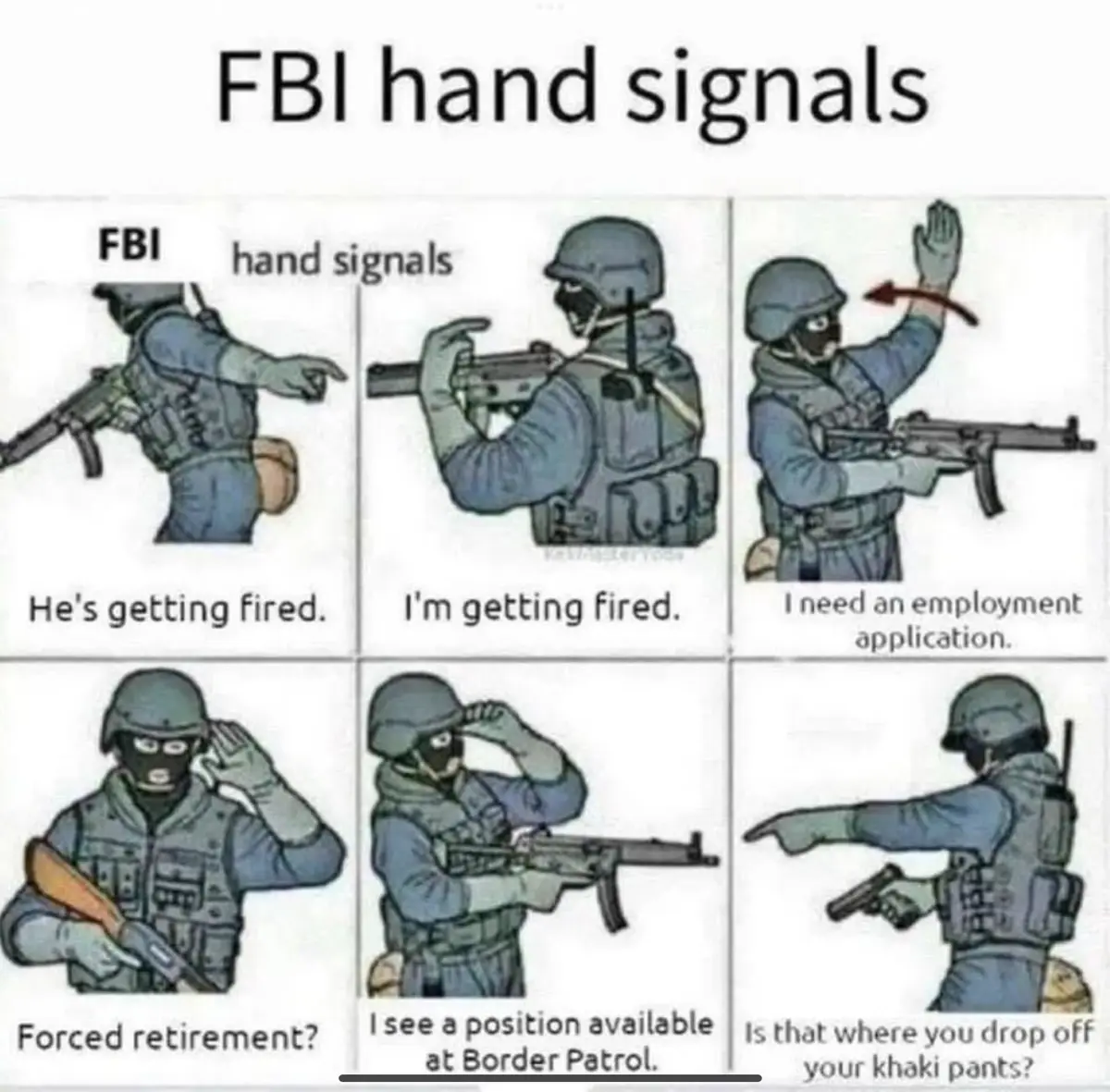 The image displays six panels of illustrated FBI agents in tactical gear, each performing a different hand gesture while…