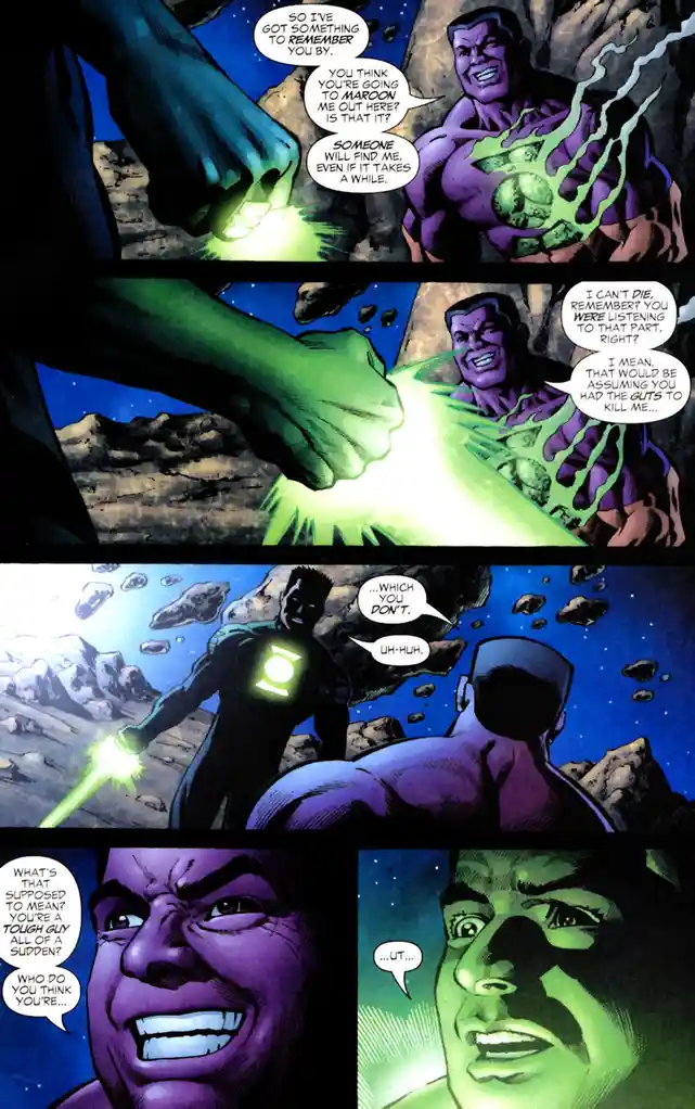 A comic book panel sequence shows a purple-skinned villain, wearing a green lantern ring, taunting a green lantern hero. The…