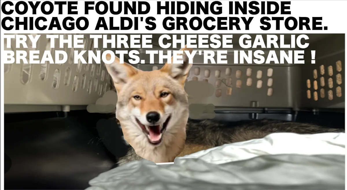 A coyote is pictured inside a plastic pet carrier, looking directly at the camera with its mouth open. The image has bold…