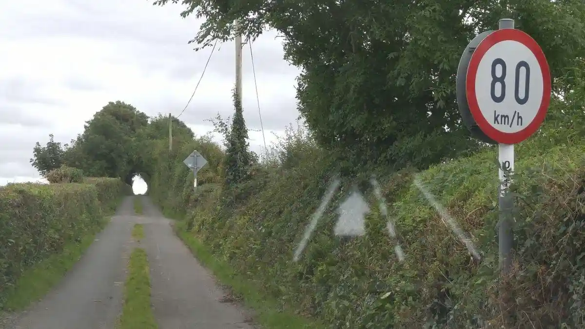 A rural road flanked by dense green hedges and trees under an overcast sky, with a circular red-bordered speed limit sign…