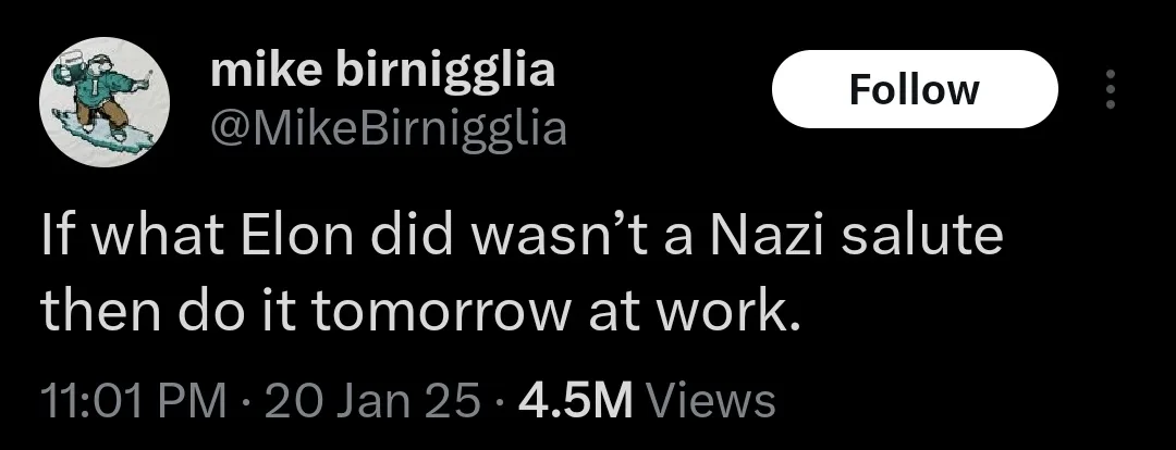 A screenshot of a tweet by Mike Birnigglia showing a black background with white text. The tweet reads: 'If what Elon did…
