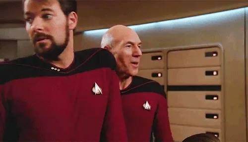 A six-panel meme from Star Trek: The Next Generation showing Captain Picard in red uniform reacting to something off-screen…