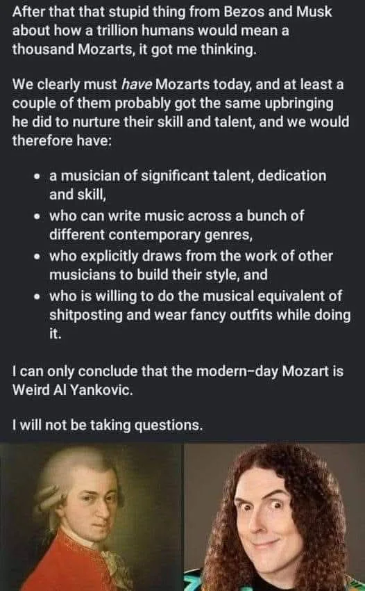 The image displays a text block discussing the hypothetical modern-day equivalent of Mozart, concluding it's Weird Al…