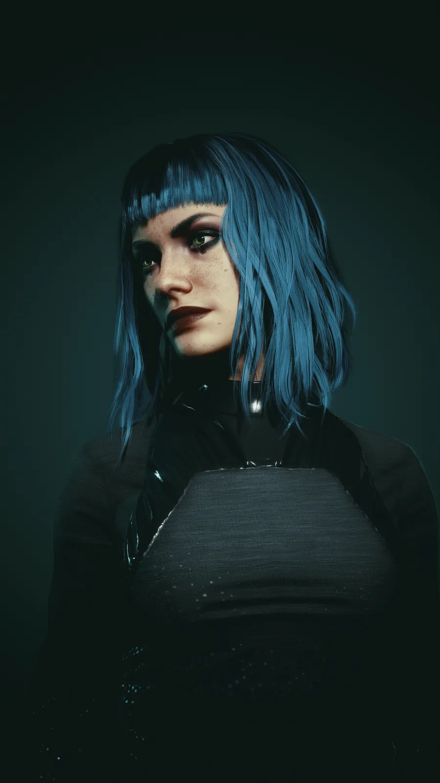 A person with blue hair and freckles, wearing a black outfit, looks directly at the viewer with a serious expression. The…