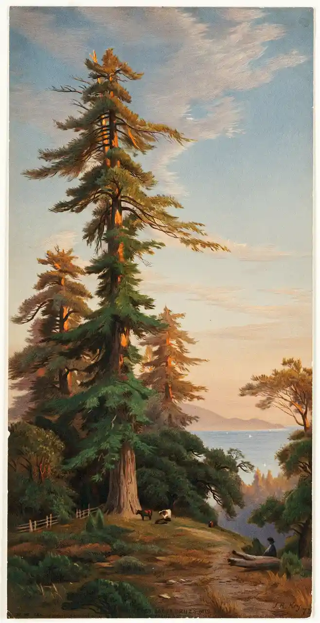 A vintage painting depicts a tall pine tree on a hillside overlooking water, with cows grazing nearby and a person sitting…