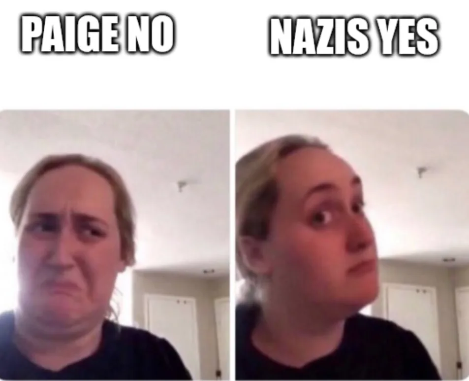 The image shows a split-screen of a woman with two contrasting facial expressions. On the left, she has a disgusted…
