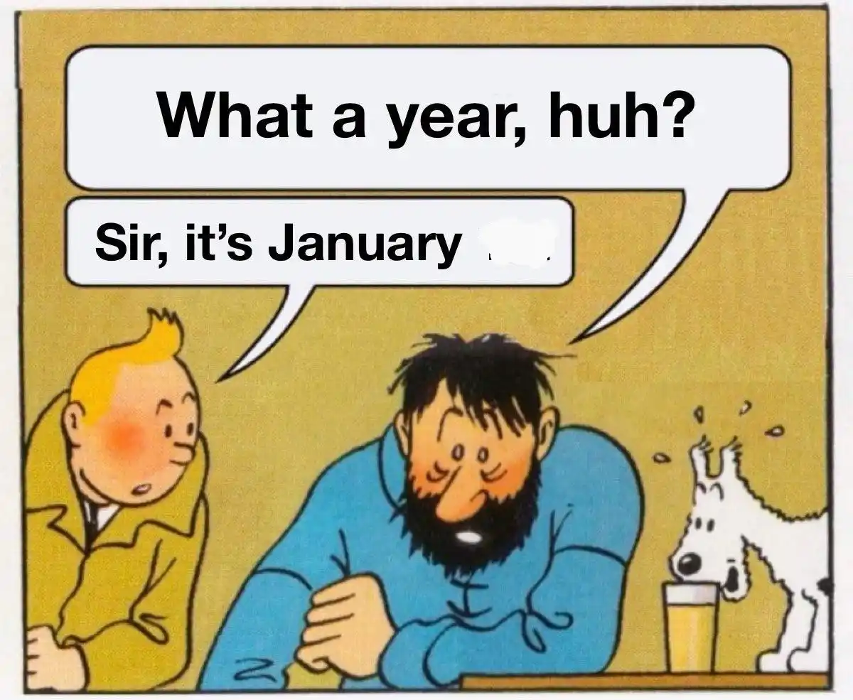 A comic panel shows Tintin looking at a weary-looking man with a beard who is slumped at a table. The man says, 'What a…