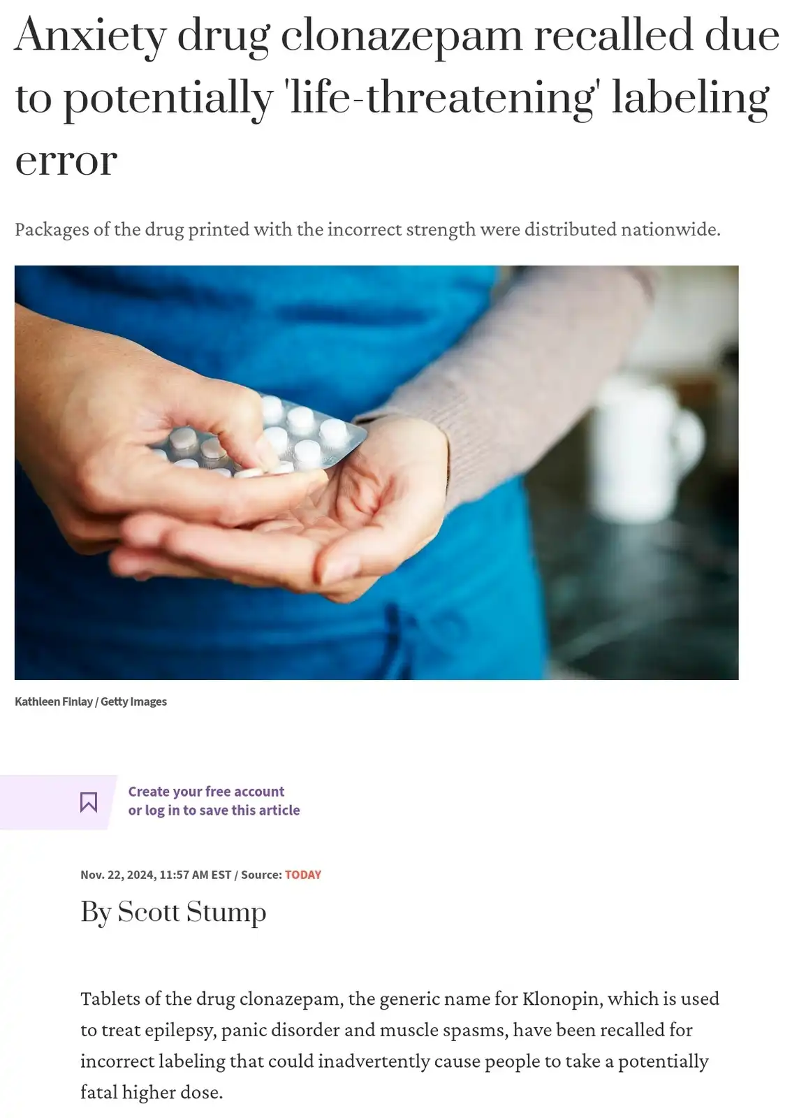 A news article screenshot shows a person holding a blister pack of white pills, with the headline stating that the anxiety…