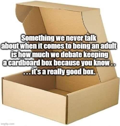 An open, empty brown cardboard box is shown against a white background. White text with a black outline is overlaid…