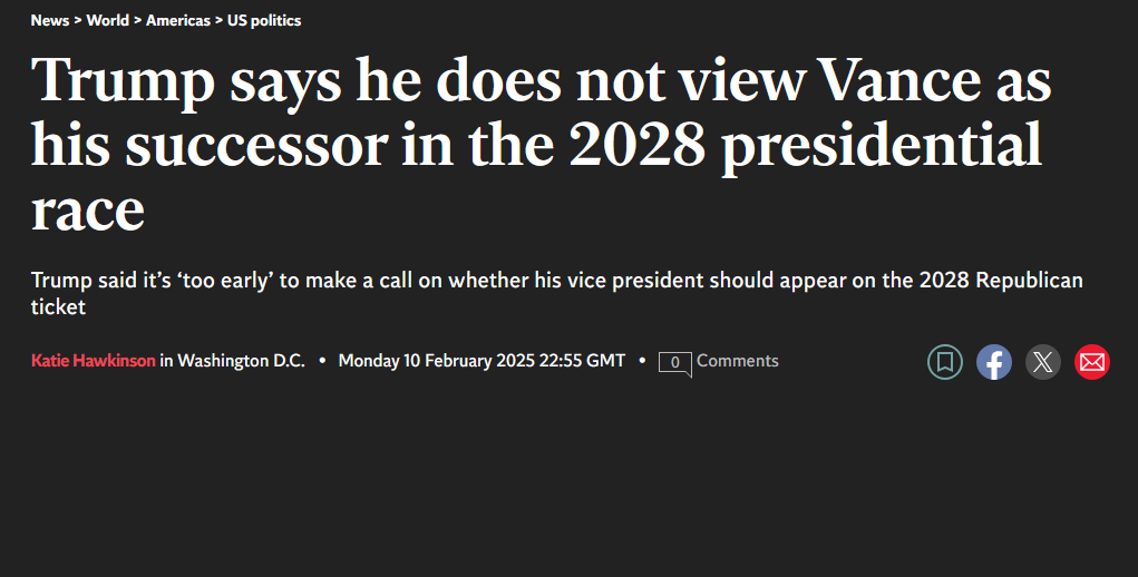 A screenshot of a news article headline from a website, which reads 'Trump says he does not view Vance as his successor in…