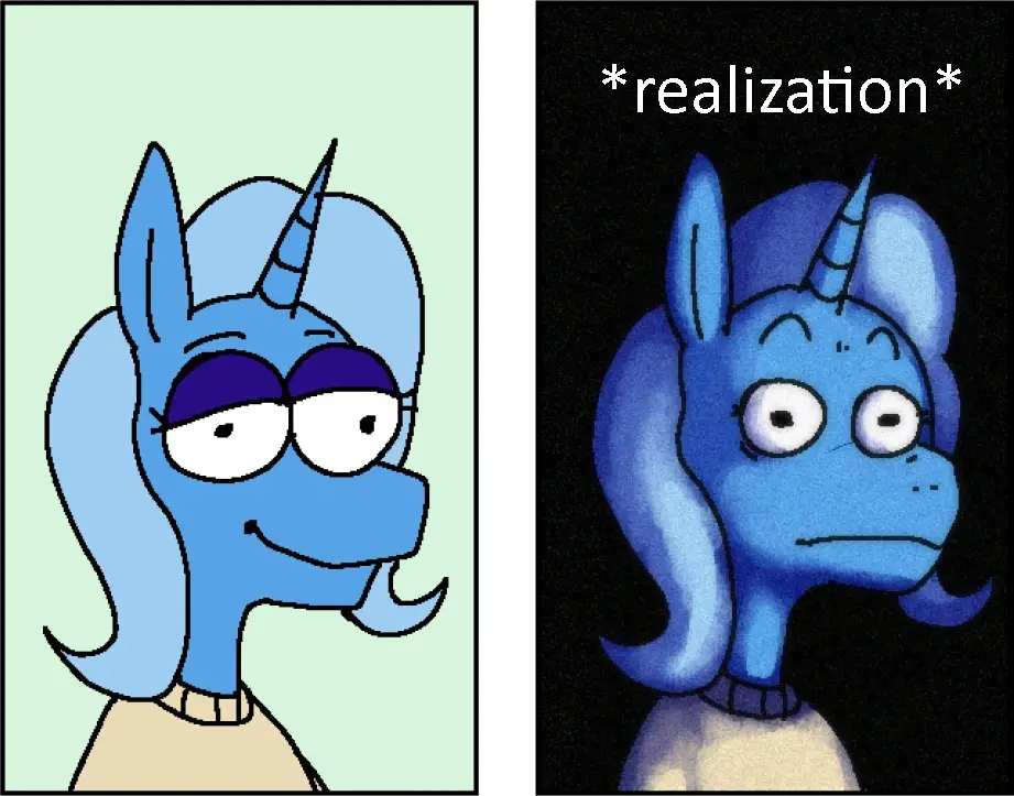 The meme shows two panels of a blue cartoon unicorn. Left panel: the unicorn smiles confidently with closed eyes against a…