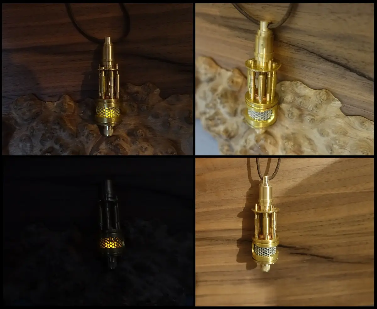 a four-panel image collage shows a brass-colored pendant with a cylindrical, mechanical design resembling a vape mod…