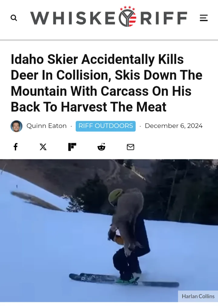 A screenshot of a news article from 'WHISKE RIFF' with the headline 'Idaho Skier Accidentally Kills Deer In Collision, Skis…
