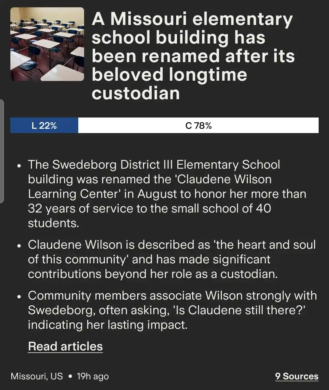 An image of an empty classroom with rows of desks and chairs is overlaid with text announcing that a Missouri elementary…