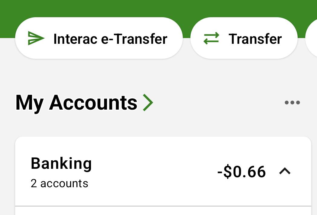 A screenshot of a banking app interface showing 'My Accounts' with a 'Banking' section listing '2 accounts' and a negative…