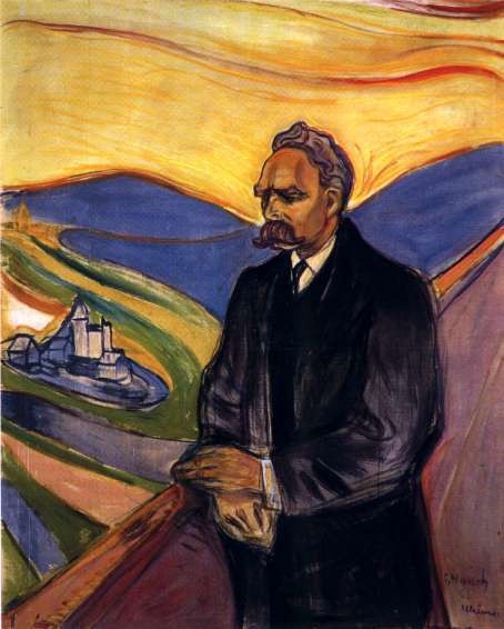The image shows a man in a dark suit with a mustache standing against a swirling, abstract background of yellow, blue, and…