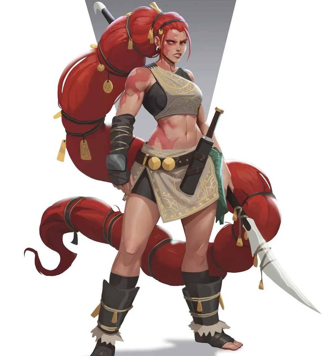 A muscular, red-haired female warrior with a long, segmented red tail, wearing tribal-style armor and holding a dagger…
