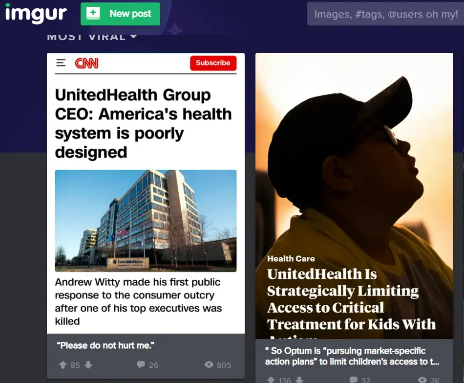 The image displays two side-by-side CNN news snippets. The left shows a headline about UnitedHealth Group CEO calling…