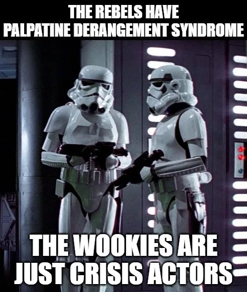 Two stormtroopers stand facing each other in a dimly lit corridor with vertical light panels on the wall behind them. The…