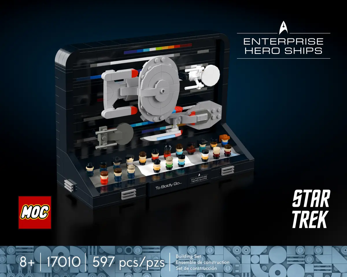 An image of a custom LEGO MOC (My Own Creation) display case for Star Trek's Enterprise Hero Ships, featuring miniature…