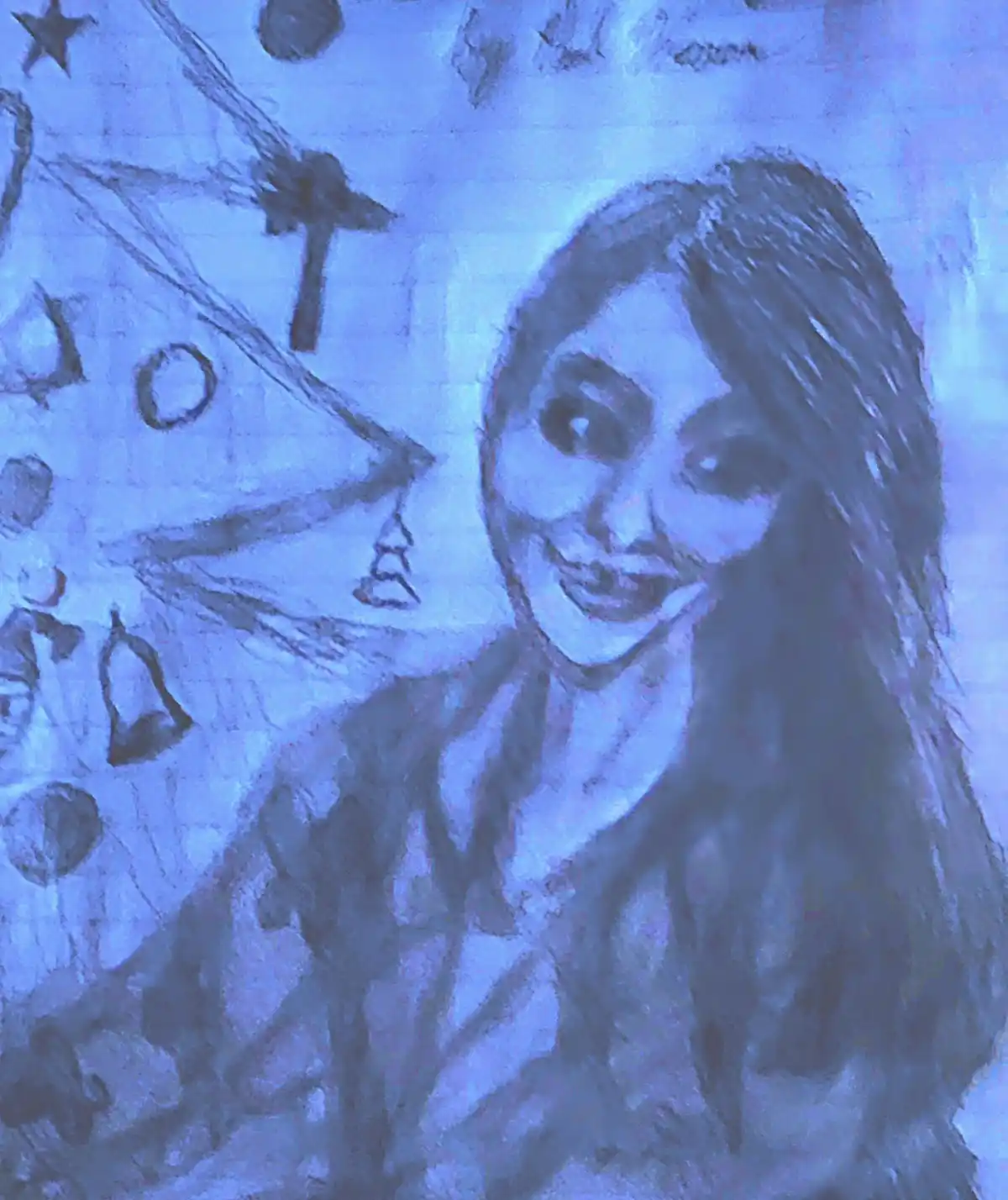 A child's crayon drawing depicts a smiling girl with long hair next to a decorated Christmas tree, all tinted in blue. The…