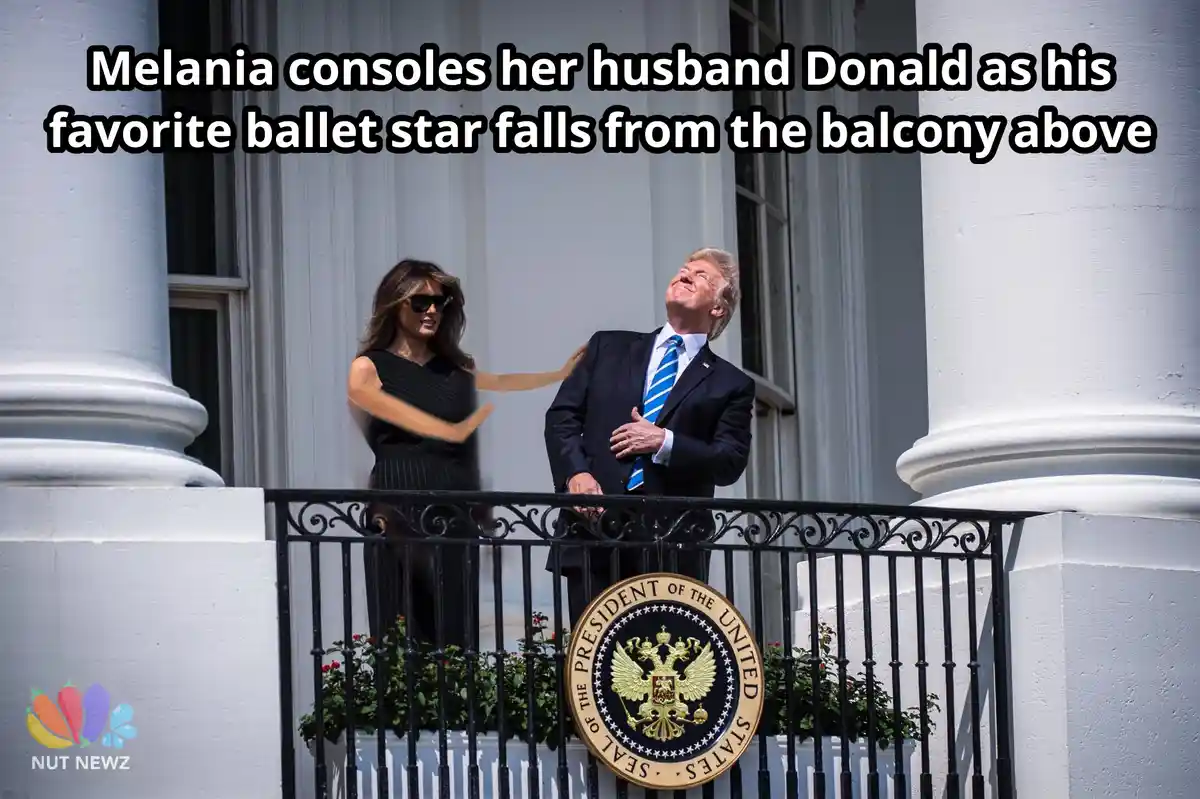 A photo shows Melania Trump placing a hand on Donald Trump's shoulder while he looks upward with a smile, standing on a…