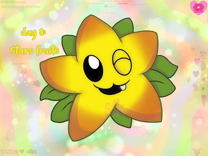 A cheerful, cartoonish yellow starfruit character with a winking eye and a toothy grin, surrounded by green leaves, set…