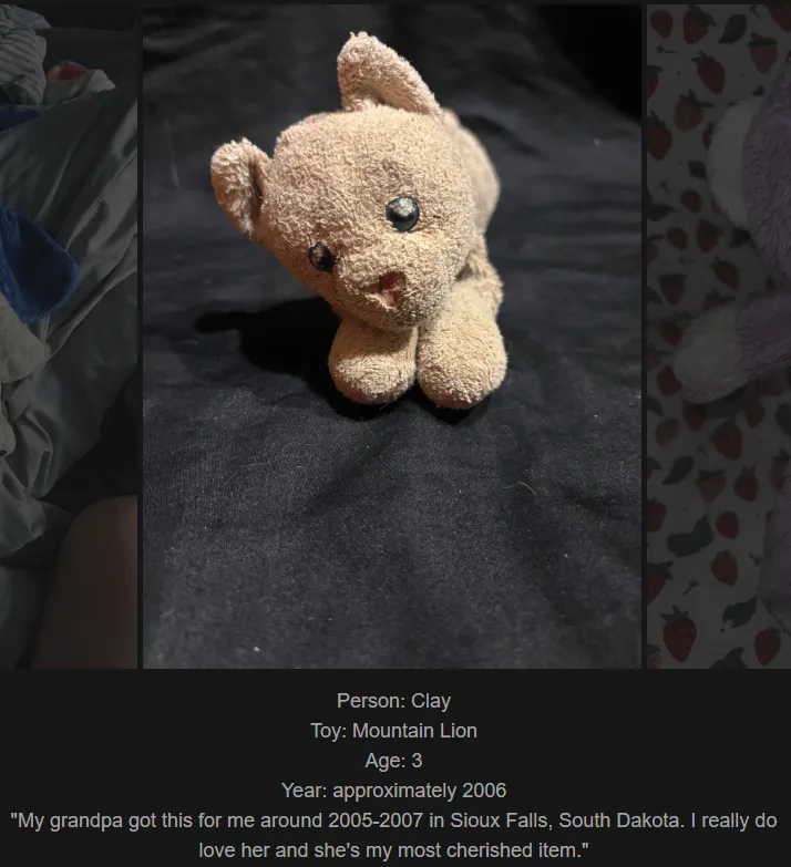 A close-up photo of a worn, light-brown plush mountain lion toy with black button eyes and a slightly frayed mouth, sitting…